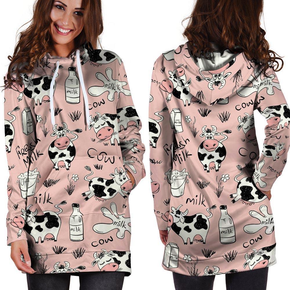 Pink Cow And Milk Print Hoodie Dress-grizzshop