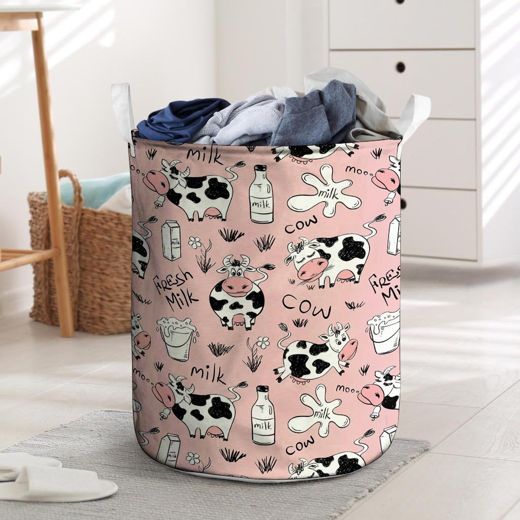 Pink Cow And Milk Print Laundry Basket-grizzshop