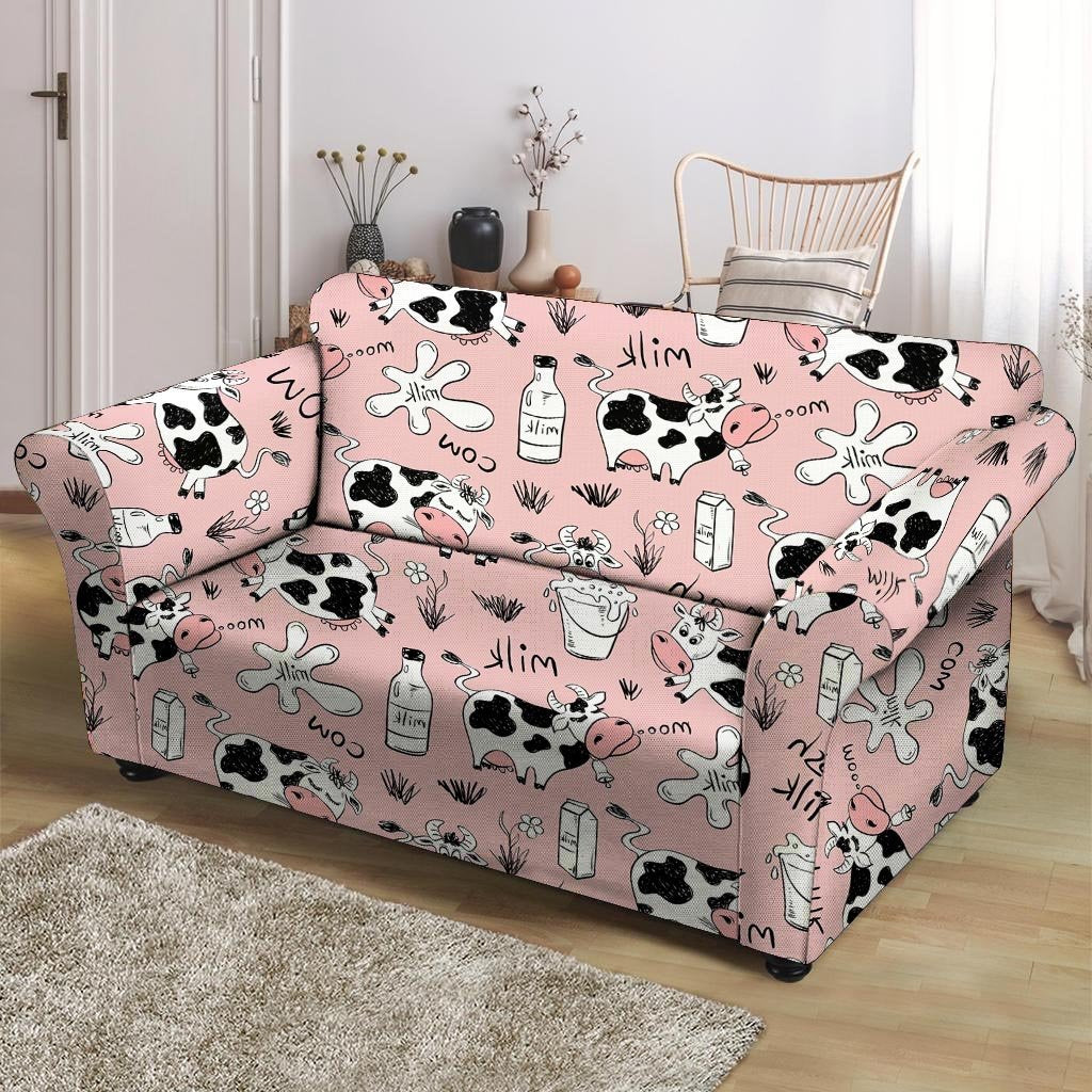 Pink Cow And Milk Print Loveseat Cover-grizzshop