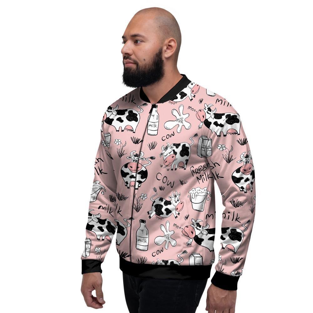 Pink Cow And Milk Print Men's Bomber Jacket-grizzshop