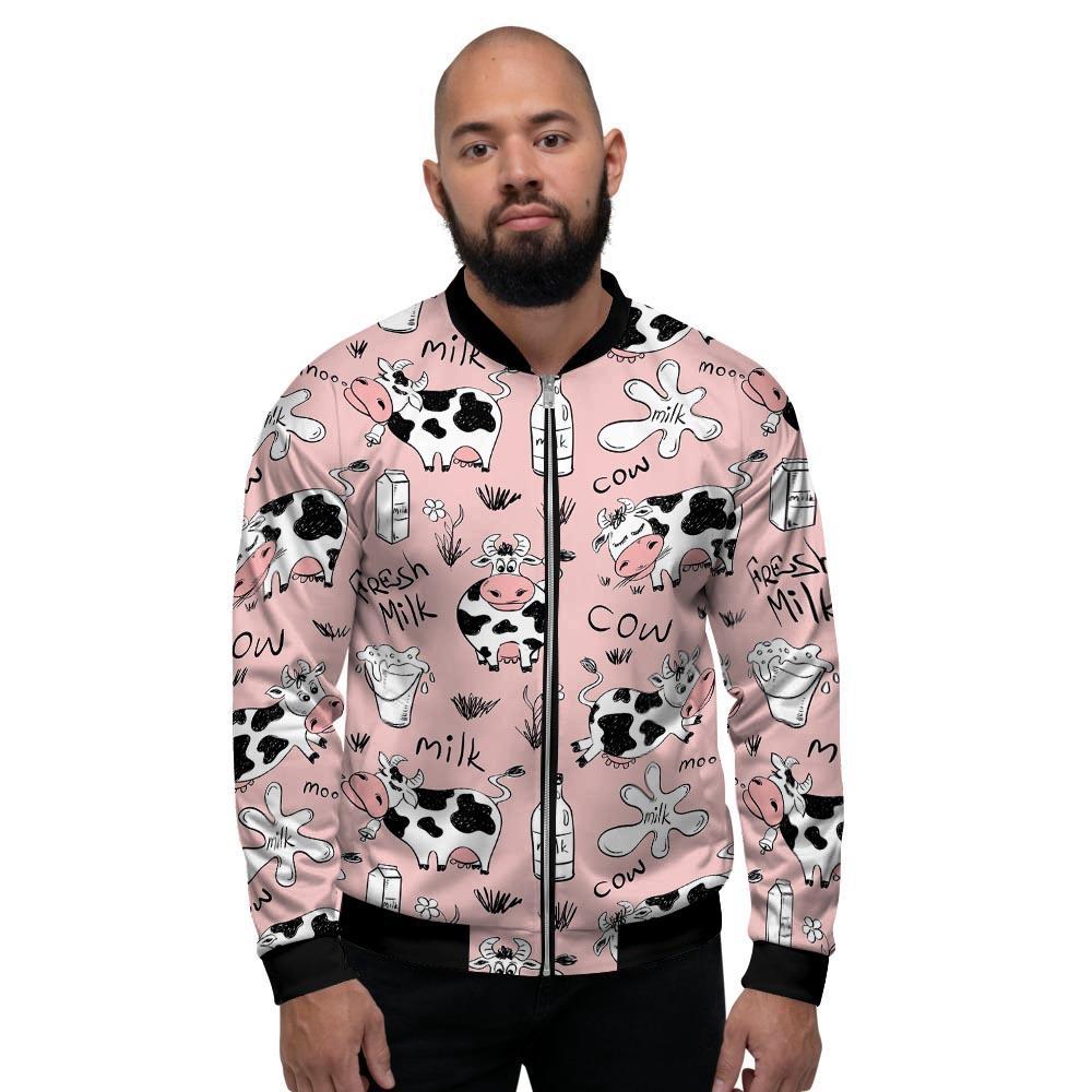 Pink Cow And Milk Print Men's Bomber Jacket-grizzshop