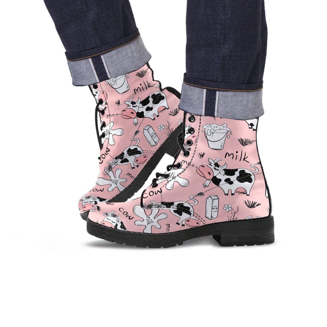 Pink Cow And Milk Print Men's Boots-grizzshop