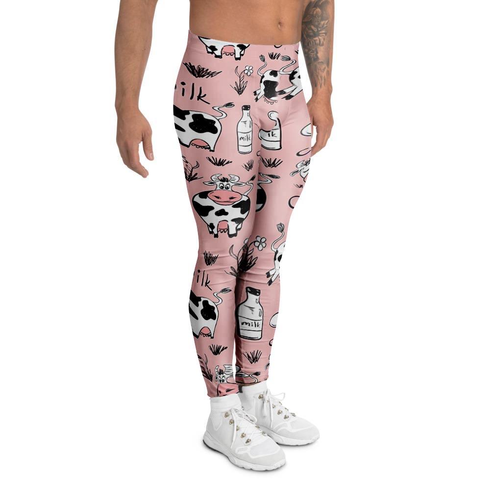 Pink Cow And Milk Print Men's Leggings-grizzshop