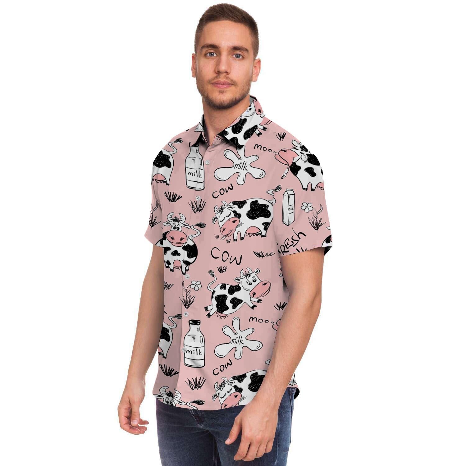 Pink Cow And Milk Print Men's Short Sleeve Shirt-grizzshop