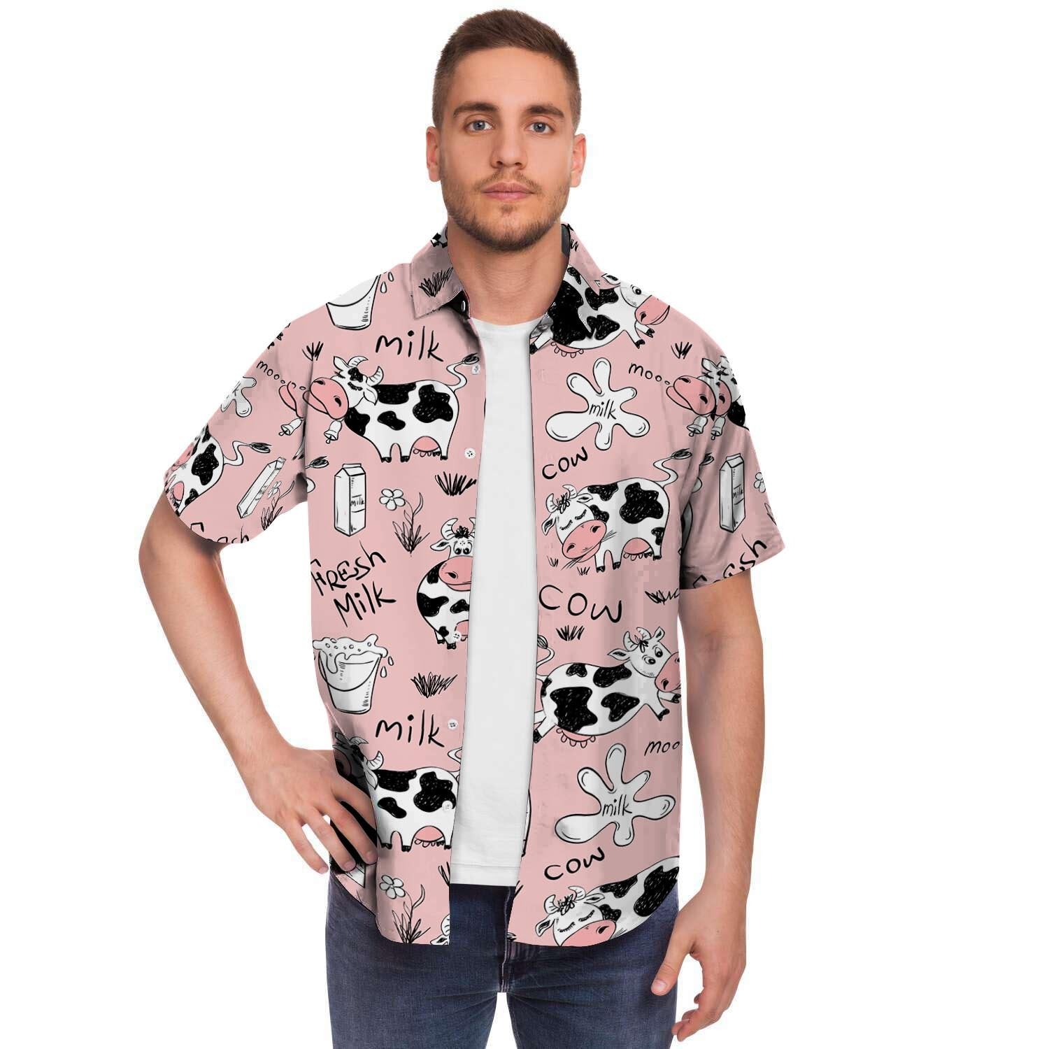 Pink Cow And Milk Print Men's Short Sleeve Shirt-grizzshop