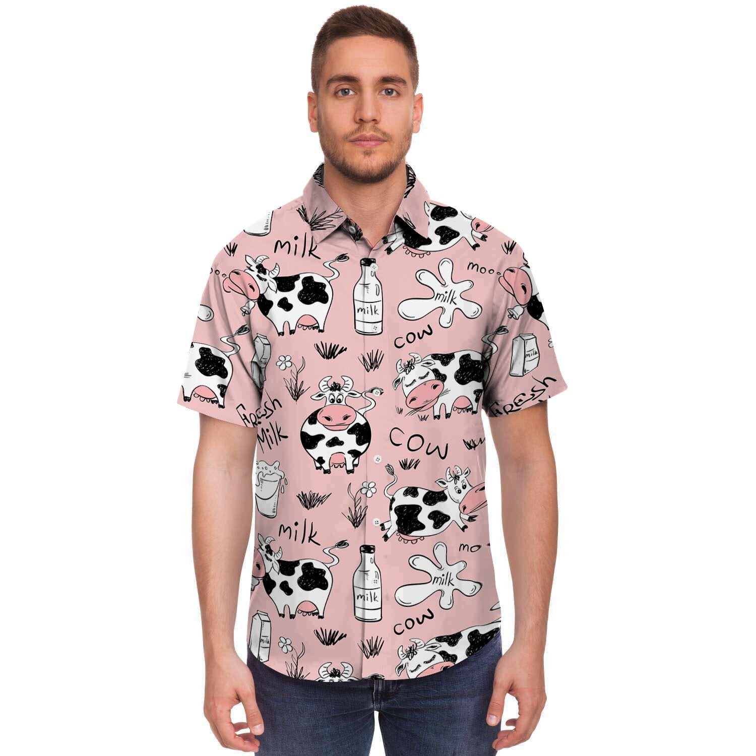 Pink Cow And Milk Print Men's Short Sleeve Shirt-grizzshop