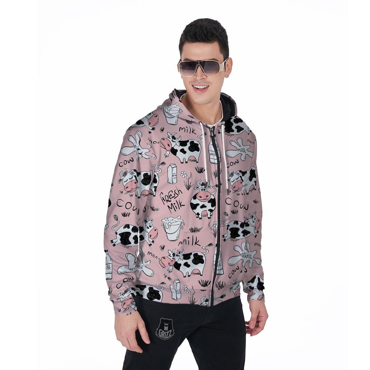Pink Cow And Milk Print Men's Zip Up Hoodie-grizzshop
