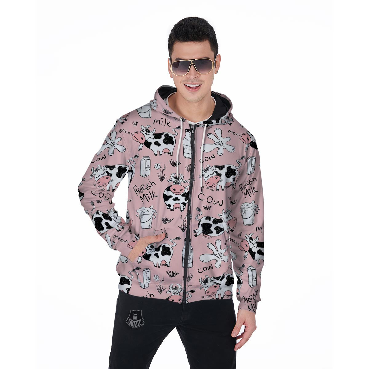 Pink Cow And Milk Print Men's Zip Up Hoodie-grizzshop