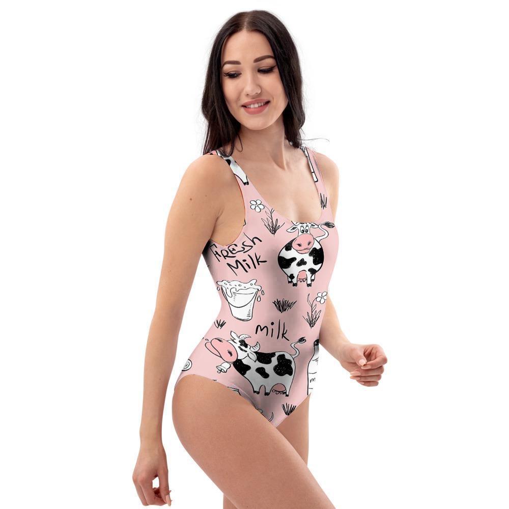 Pink Cow And Milk Print One Piece Swimsuite-grizzshop