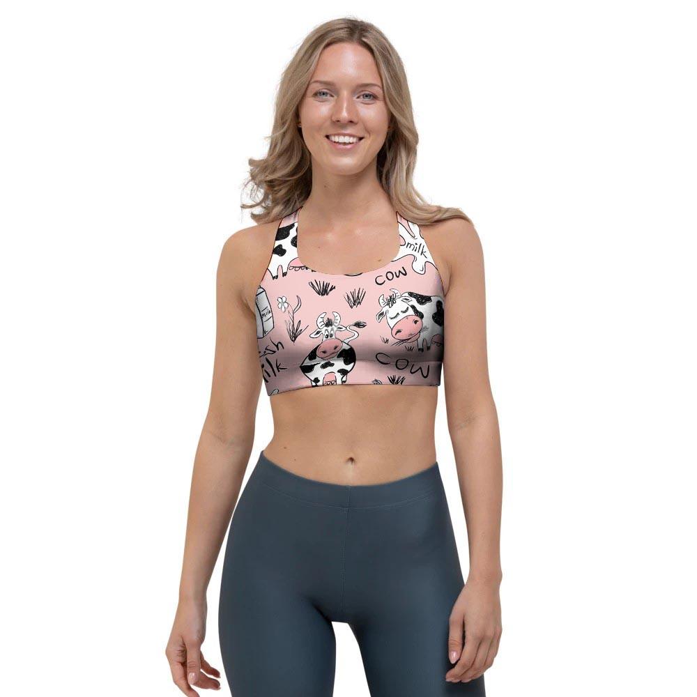 Pink Cow And Milk Print Sports Bra-grizzshop