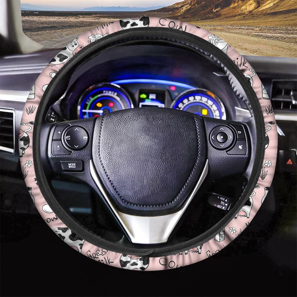 Pink Cow And Milk Print Steering Wheel Cover-grizzshop