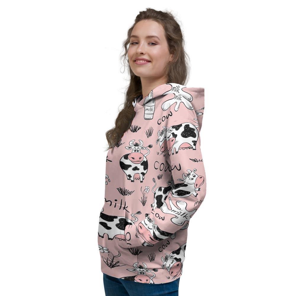 Pink Cow And Milk Print Women's Hoodie-grizzshop