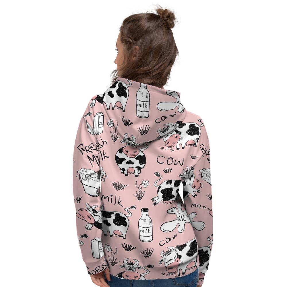 Pink Cow And Milk Print Women's Hoodie-grizzshop