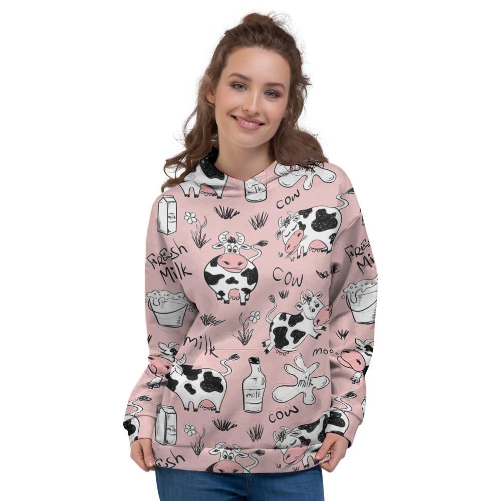 Pink Cow And Milk Print Women's Hoodie-grizzshop