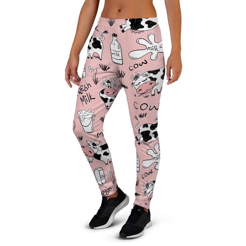 Pink Cow And Milk Print Women's Joggers-grizzshop