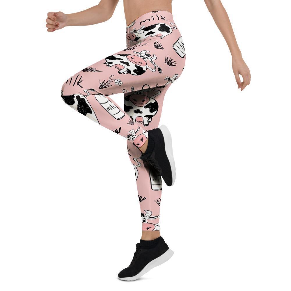 Pink Cow And Milk Print Women's Leggings-grizzshop