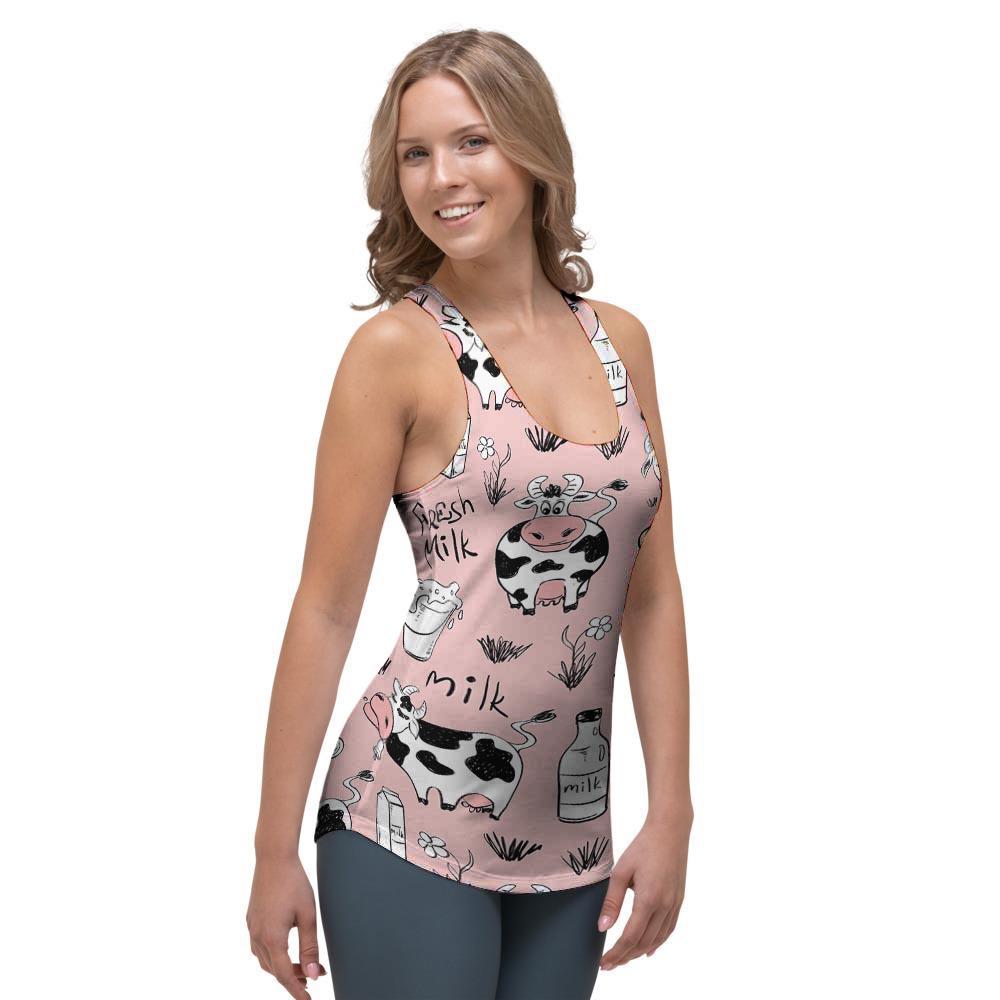 Pink Cow And Milk Print Women's Racerback Tank Top-grizzshop