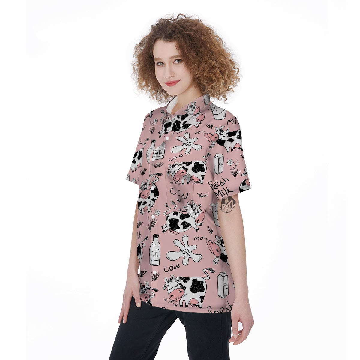 Pink Cow And Milk Print Women's Short Sleeve Shirts-grizzshop