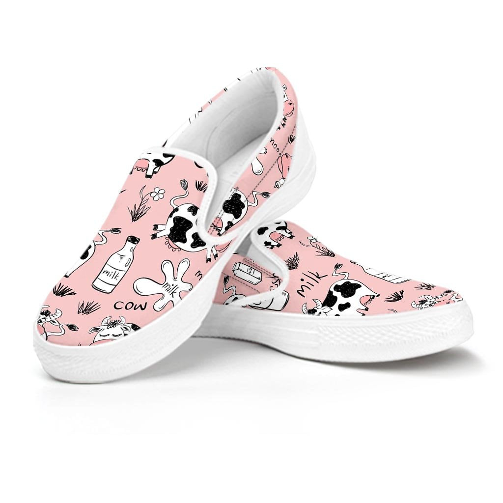 Pink Cow And Milk Print Women's Slip On Sneakers-grizzshop
