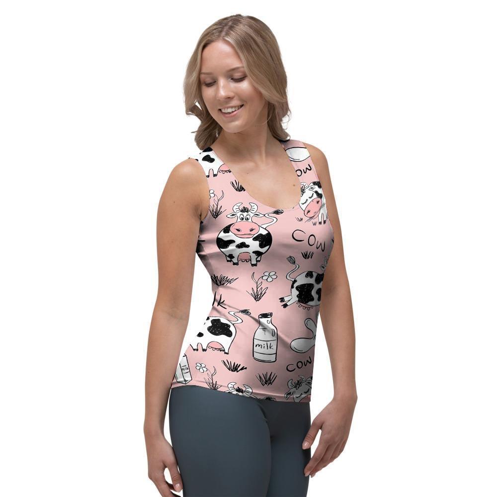 Pink Cow And Milk Print Women's Tank Top-grizzshop