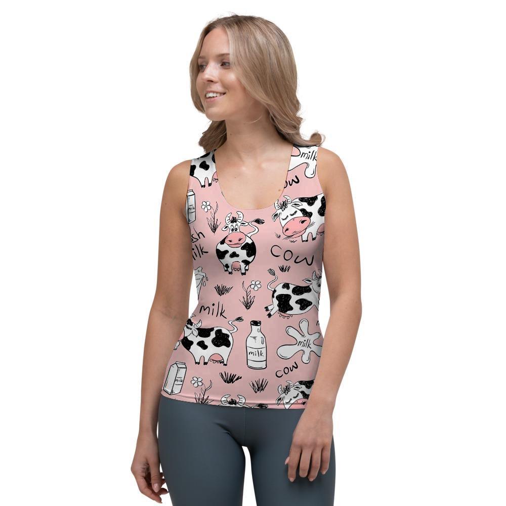 Pink Cow And Milk Print Women's Tank Top-grizzshop