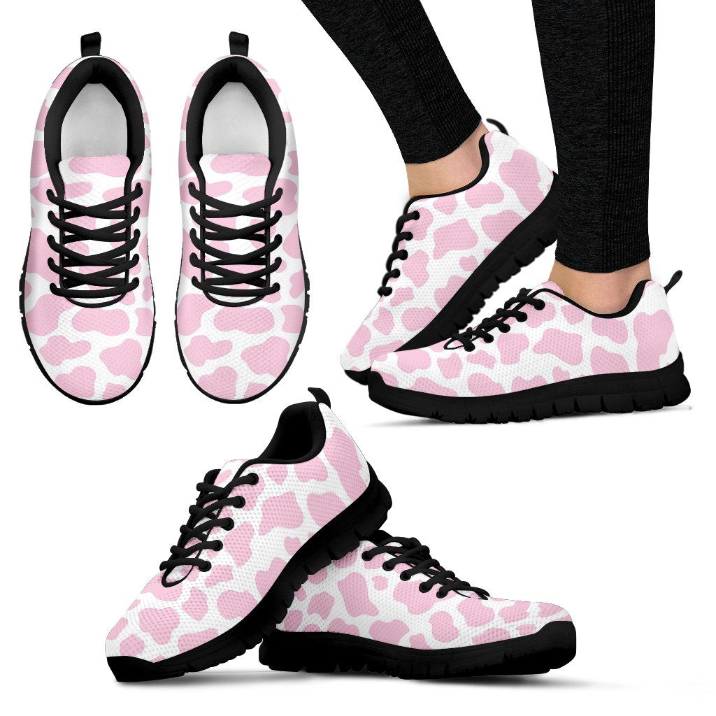Pink Cow Pattern Print Black Sneaker Shoes For Men Women-grizzshop