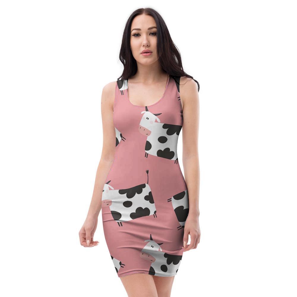 Pink Cow Pattern Print Bodycon Dress-grizzshop