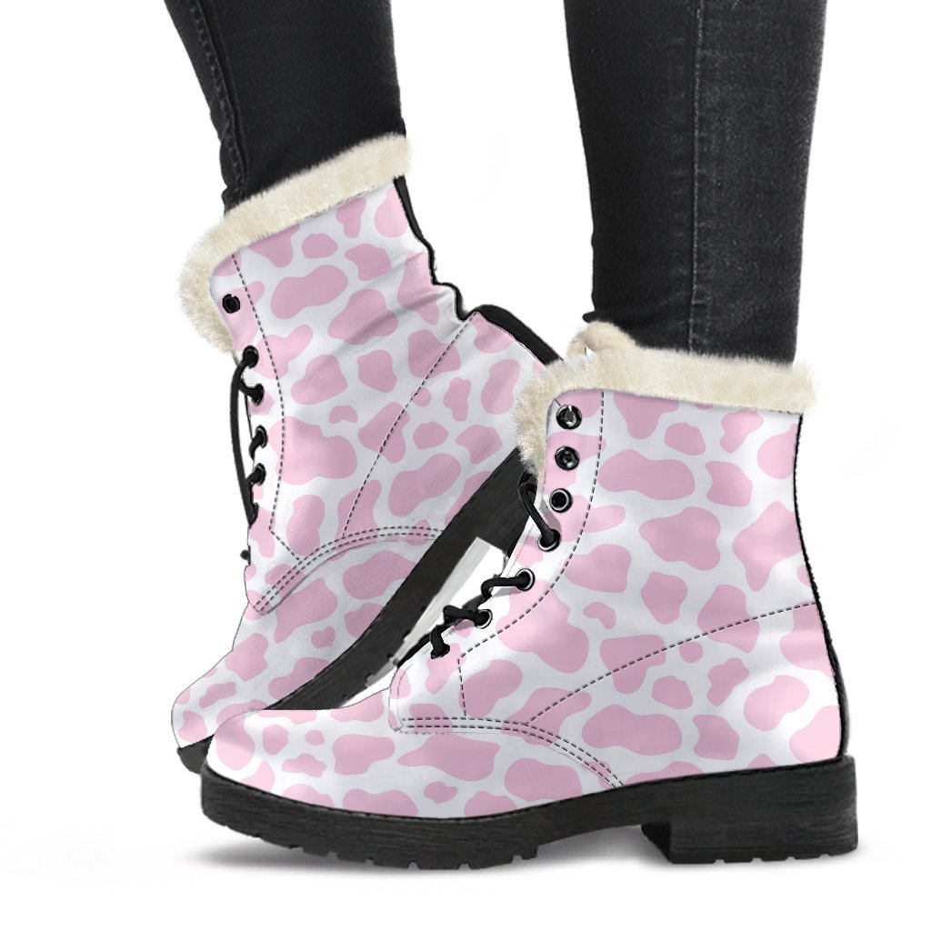Pink Cow Pattern Print Comfy Winter Boots-grizzshop