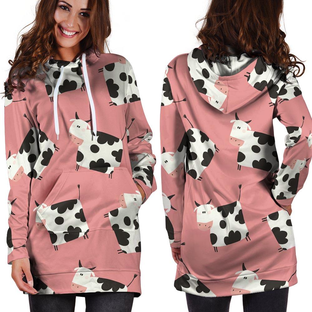 Pink Cow Pattern Print Hoodie Dress-grizzshop