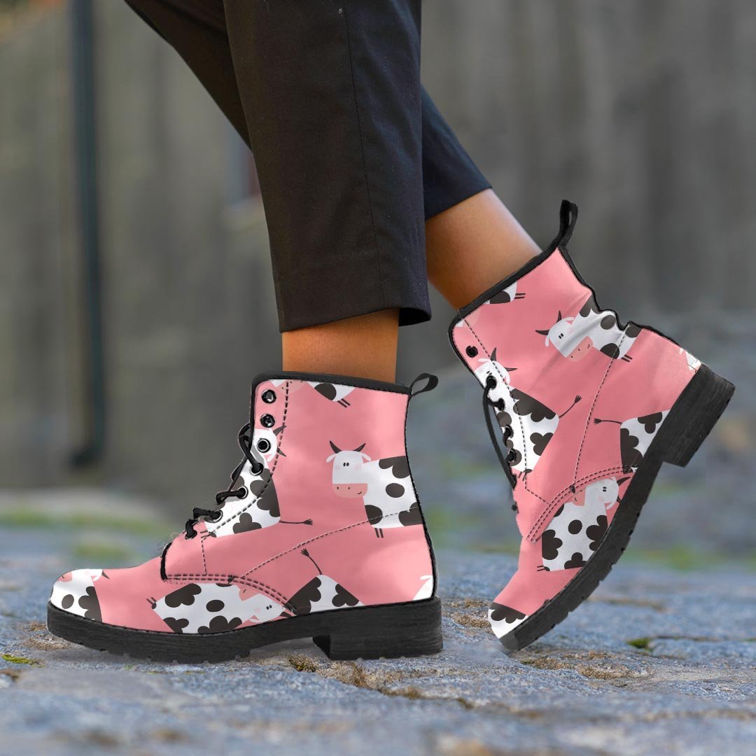 Pink Cow Pattern Print Men's Boots-grizzshop
