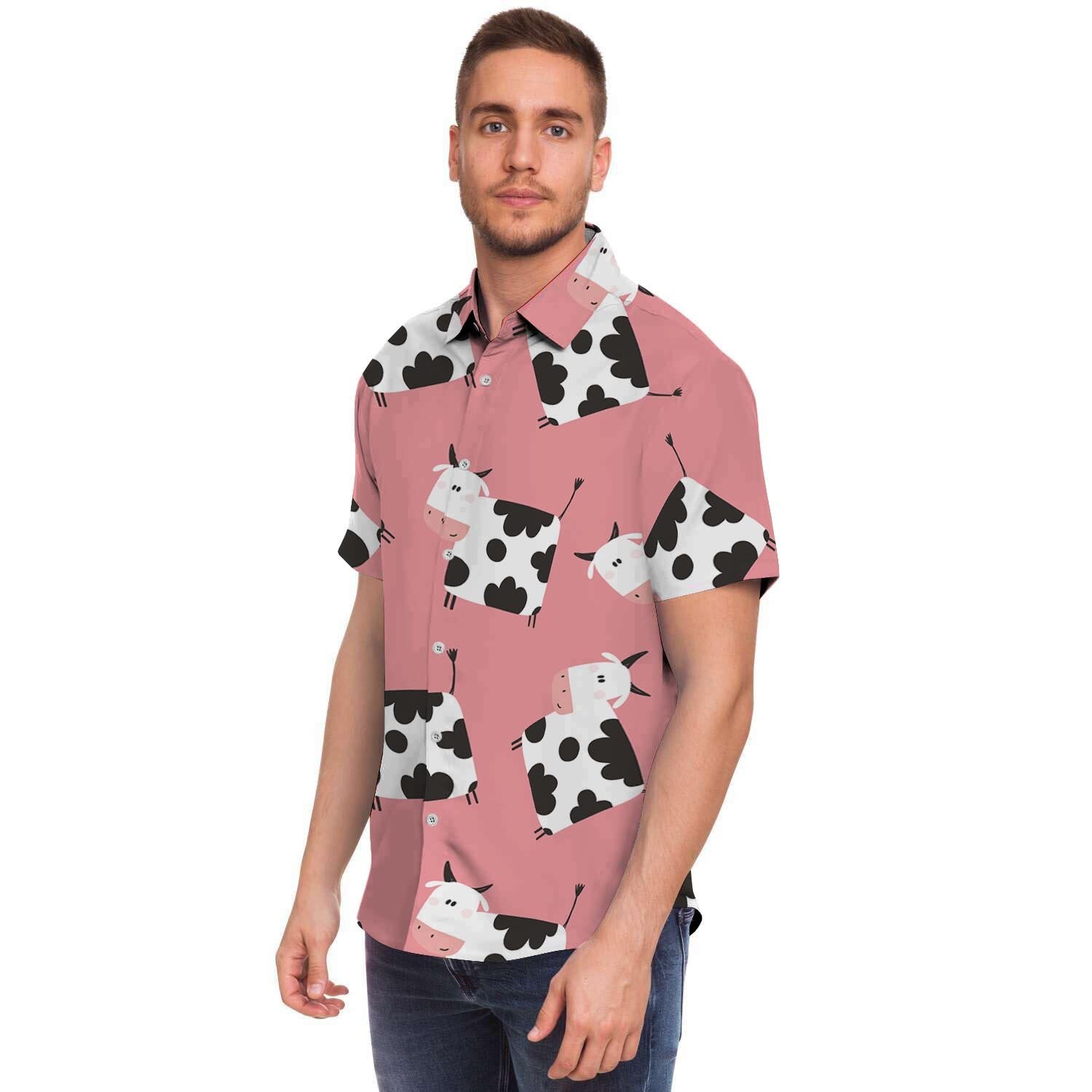 Pink Cow Pattern Print Men's Short Sleeve Shirt-grizzshop