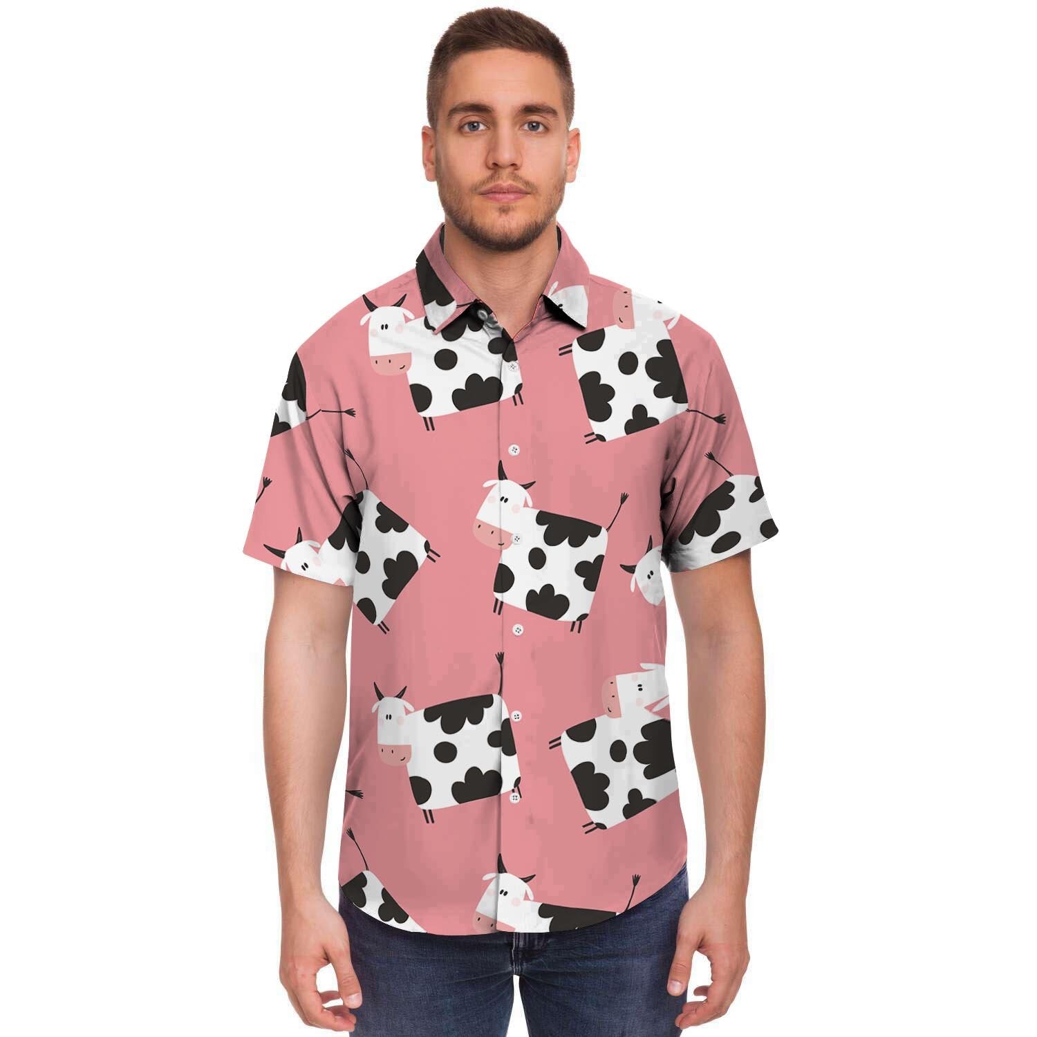 Pink Cow Pattern Print Men's Short Sleeve Shirt-grizzshop