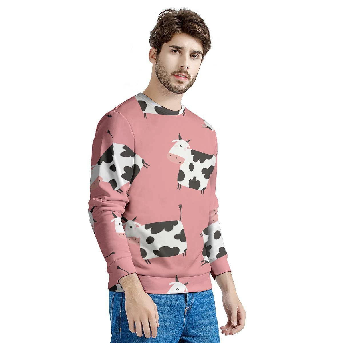 Pink Cow Pattern Print Men's Sweatshirt-grizzshop