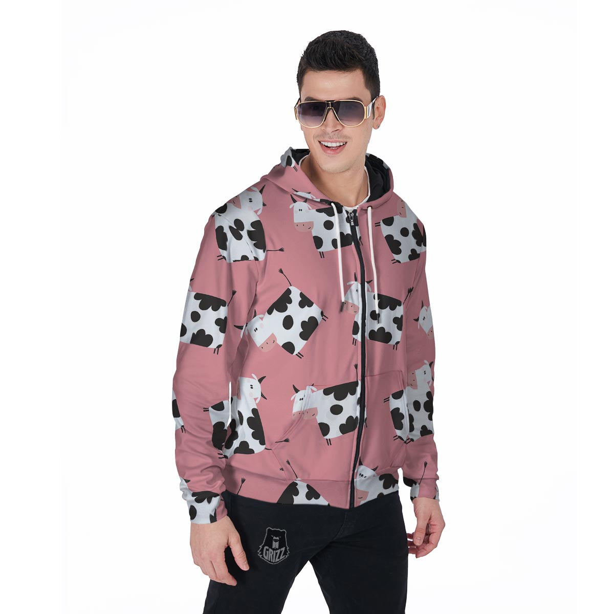 Pink Cow Pattern Print Men's Zip Up Hoodie-grizzshop