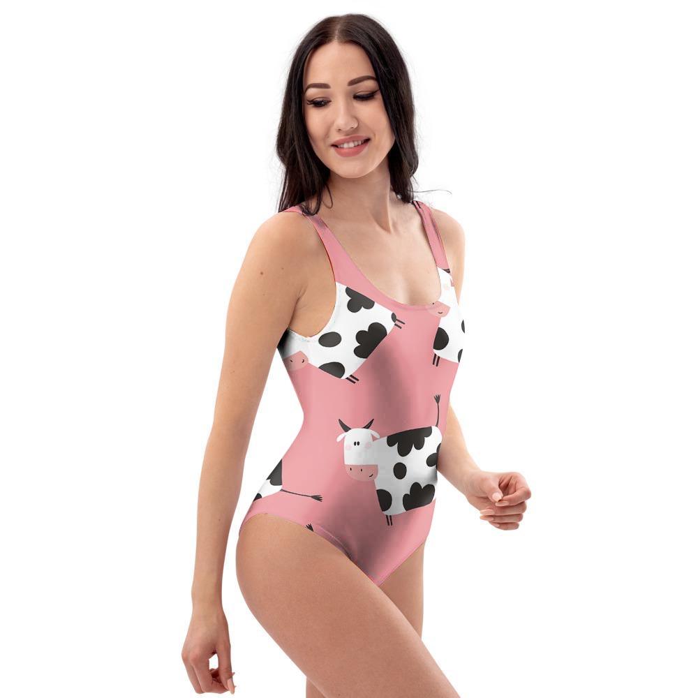 Pink Cow Pattern Print One Piece Swimsuite-grizzshop