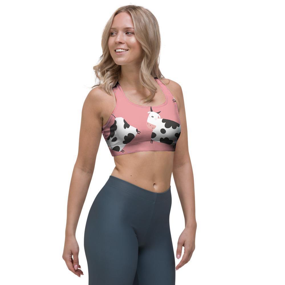 Pink Cow Pattern Print Sports Bra-grizzshop