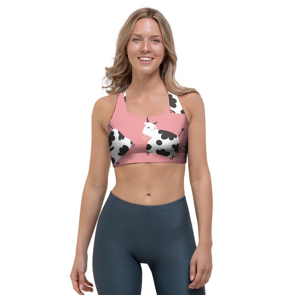 Pink Cow Pattern Print Sports Bra-grizzshop