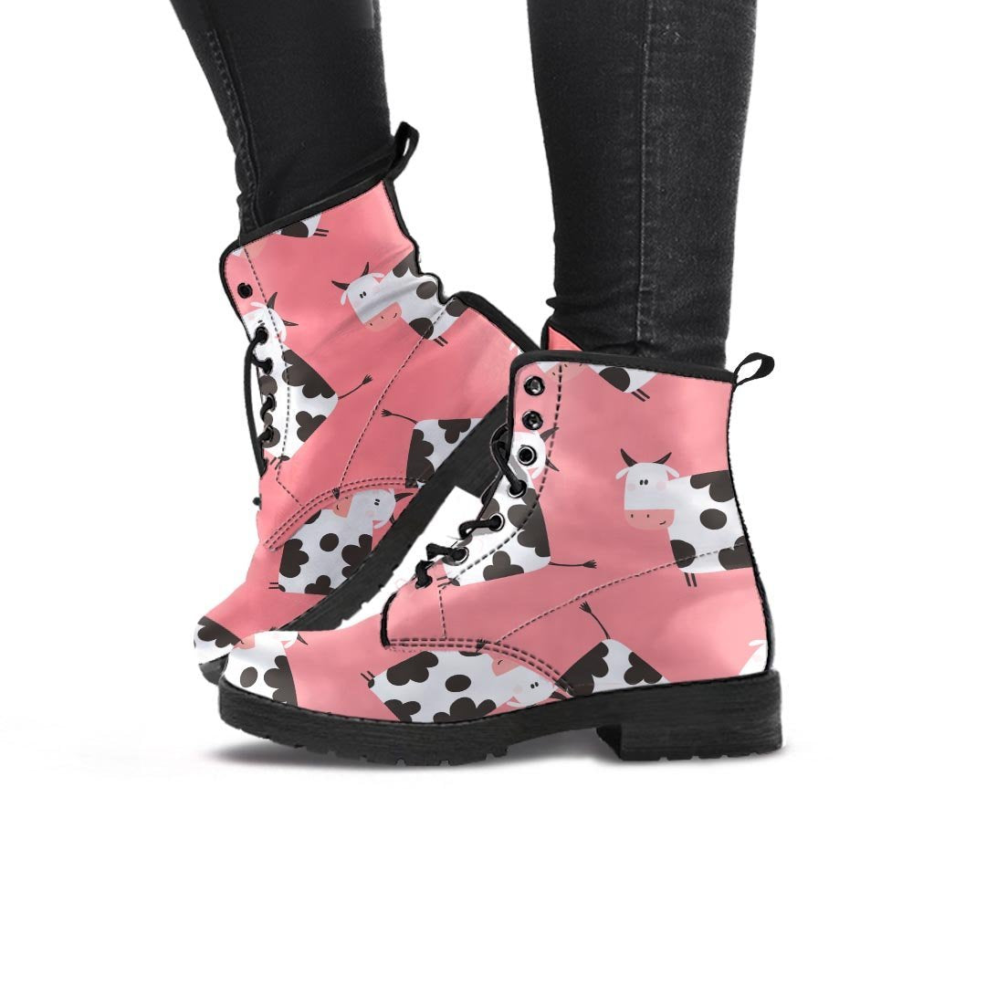 Pink Cow Pattern Print Women's Boots-grizzshop