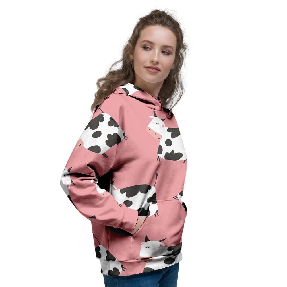 Pink Cow Pattern Print Women's Hoodie-grizzshop