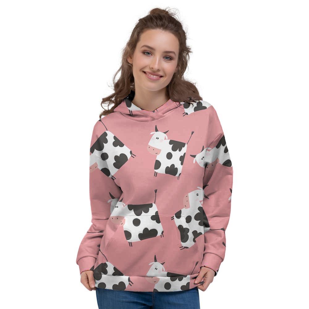 Pink Cow Pattern Print Women's Hoodie-grizzshop