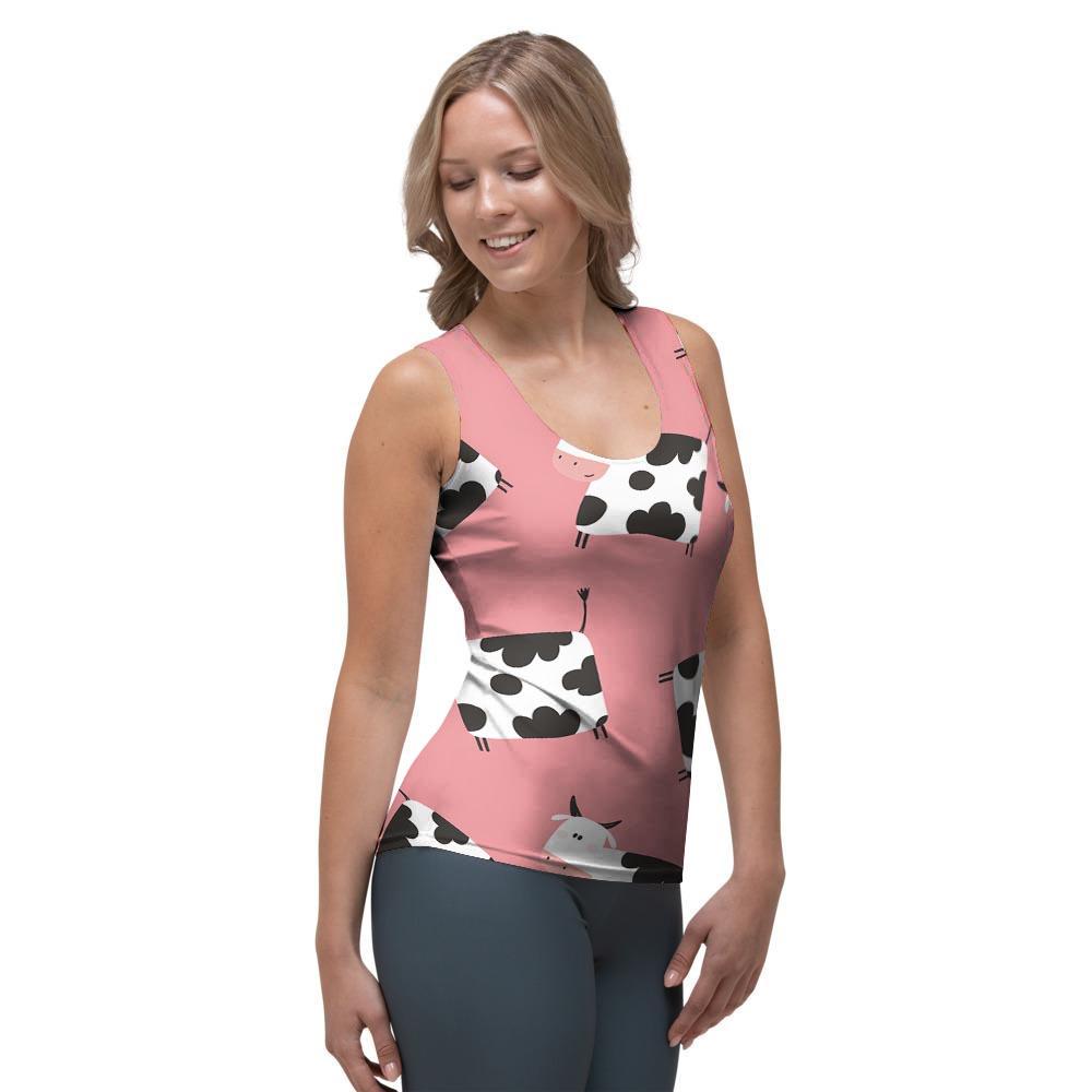 Pink Cow Pattern Print Women's Tank Top-grizzshop