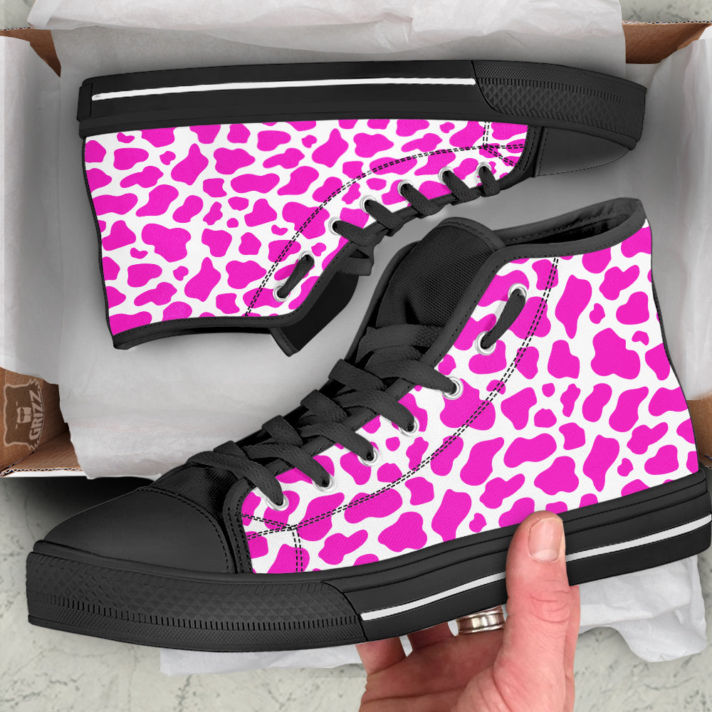 Pink Cow Print Pattern Black High Top Shoes-grizzshop