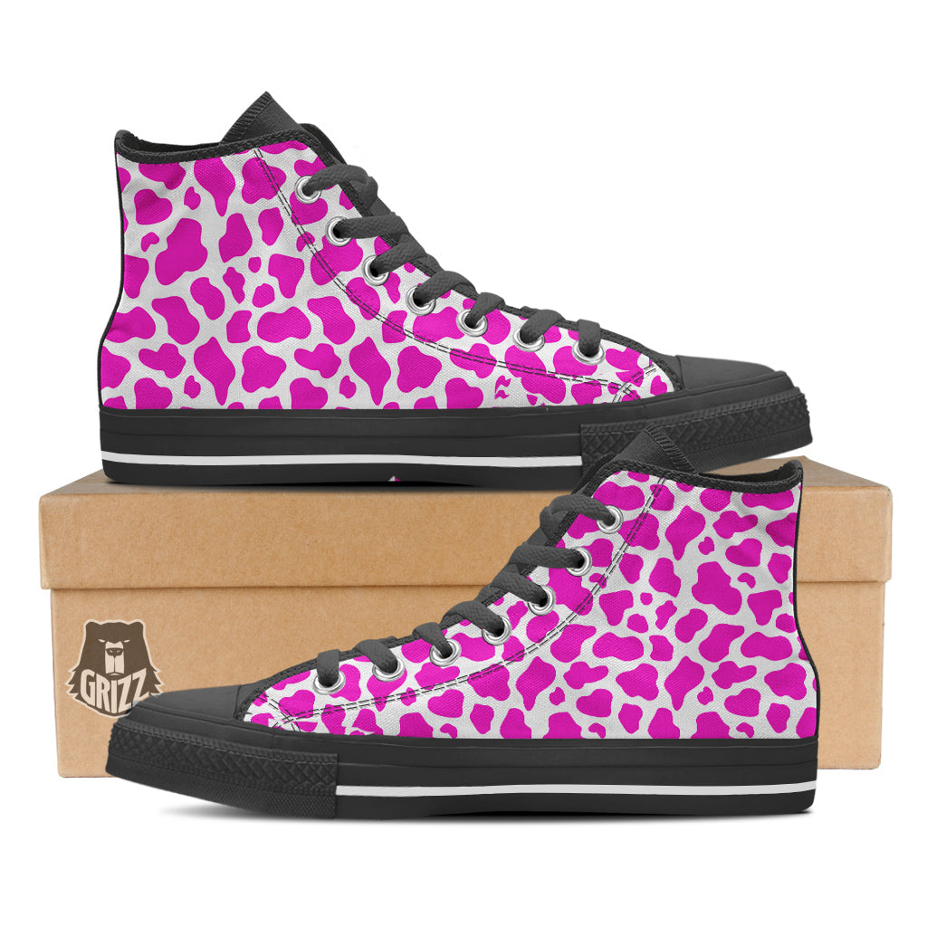 Pink Cow Print Pattern Black High Top Shoes-grizzshop