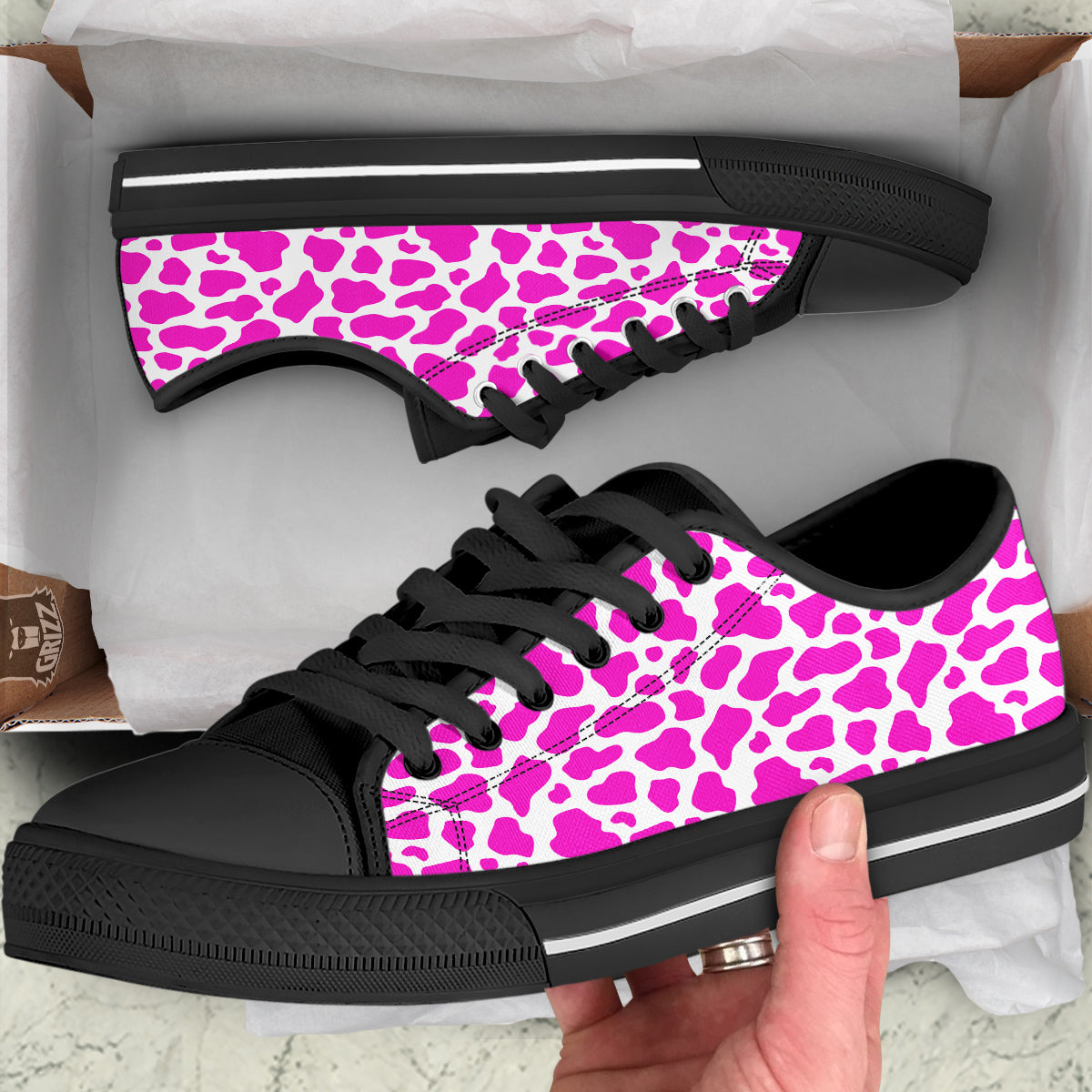 Pink Cow Print Pattern Black Low Top Shoes-grizzshop