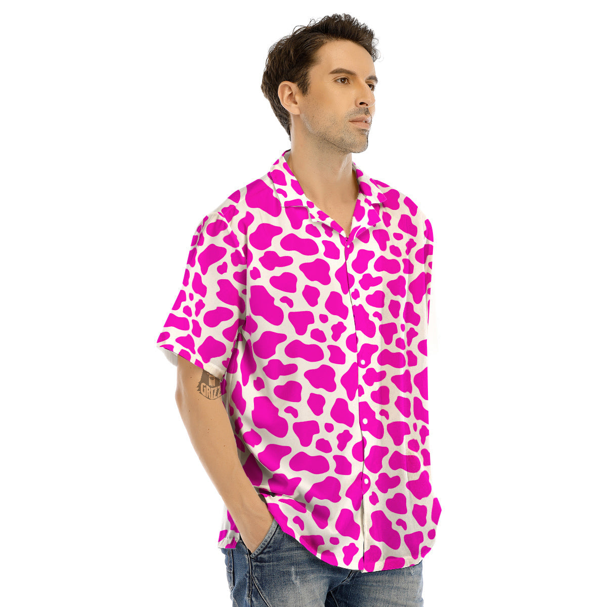 Pink Cow Print Pattern Men’s Hawaiian Shirt-grizzshop