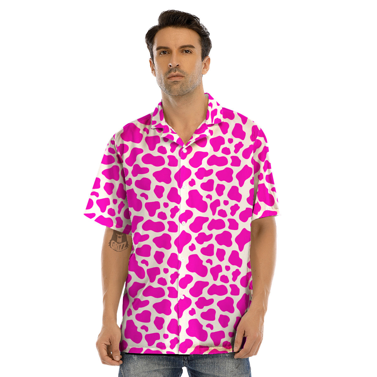 Pink Cow Print Pattern Men’s Hawaiian Shirt-grizzshop