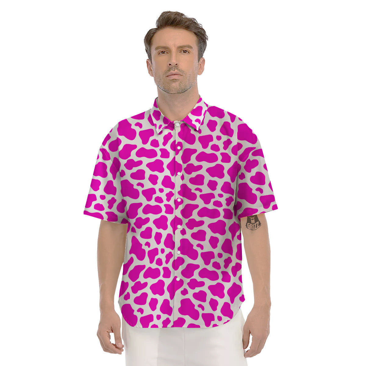 Pink Cow Print Pattern Men's Short Sleeve Shirts-grizzshop