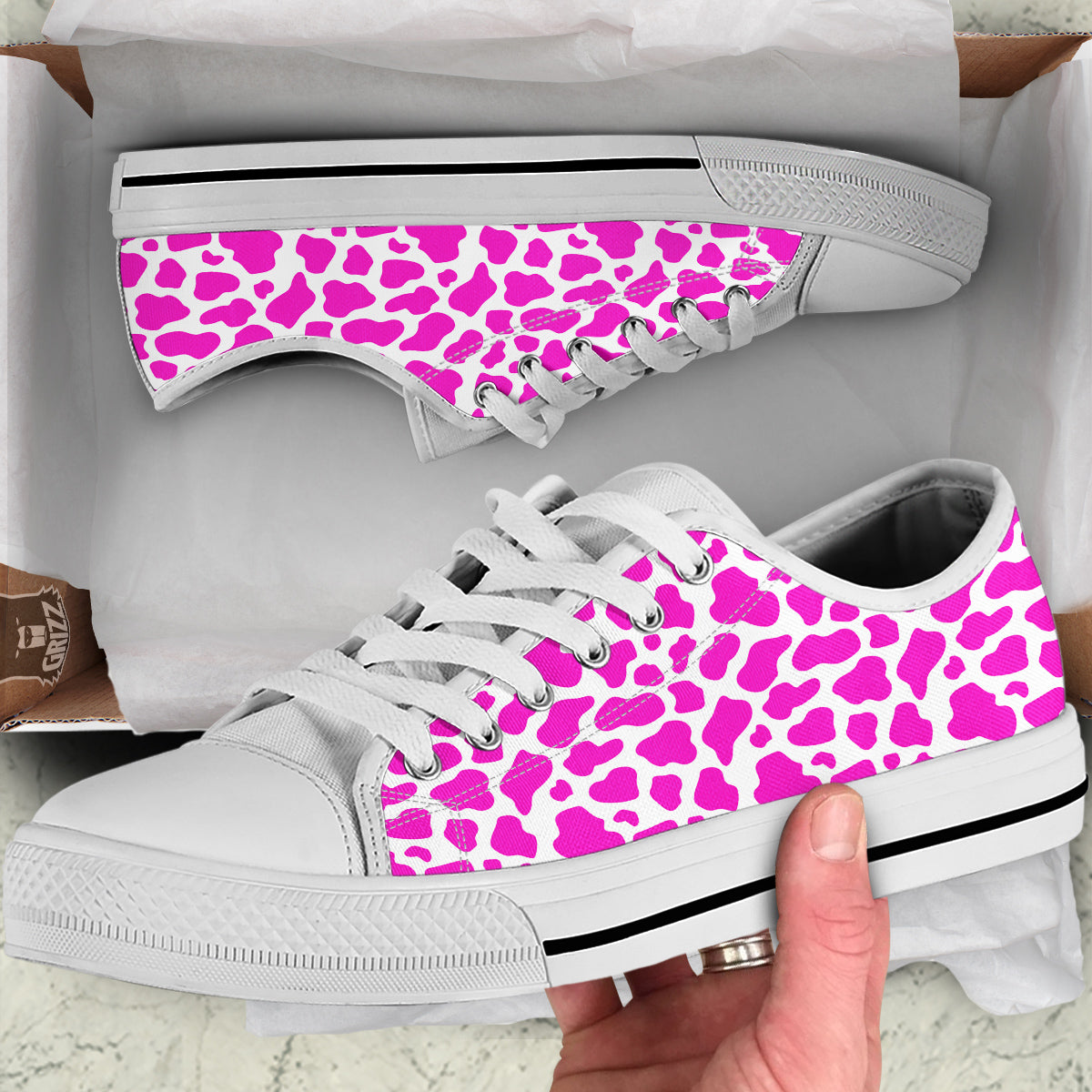 Pink Cow Print Pattern White Low Top Shoes-grizzshop