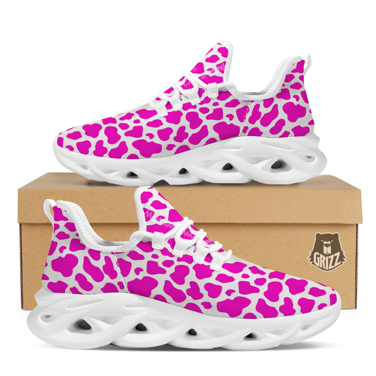 Pink Cow Print Pattern White Running Shoes-grizzshop