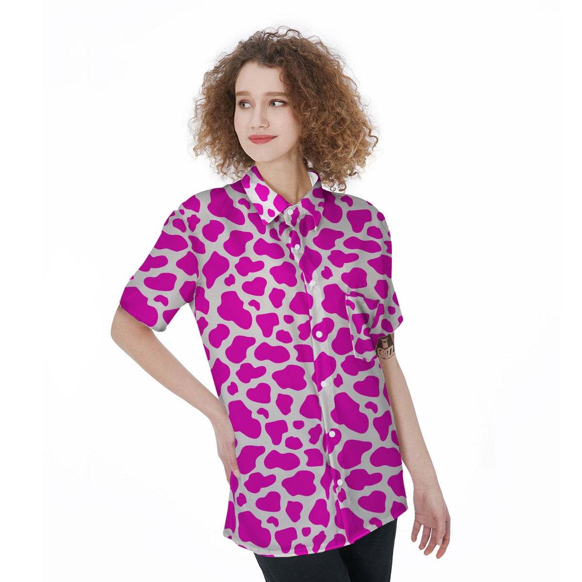 Pink Cow Print Pattern Women's Short Sleeve Shirts-grizzshop